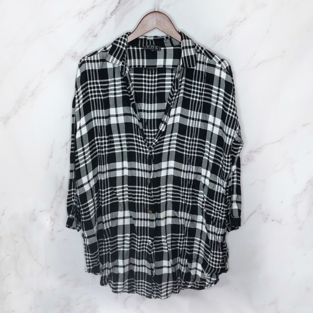 POL Black & White Plaid Button Down Tunic Pockets Medium